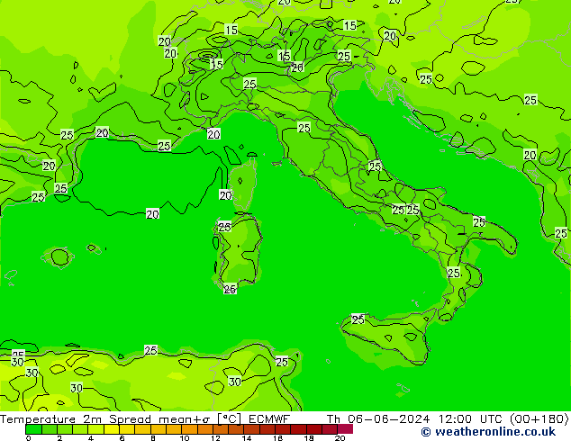 Sıcaklık Haritası 2m Spread ECMWF Per 06.06.2024 12 UTC