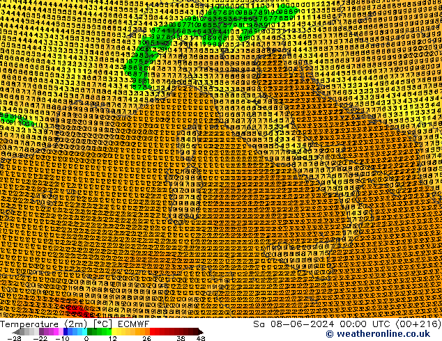 Temperatuurkaart (2m) ECMWF za 08.06.2024 00 UTC