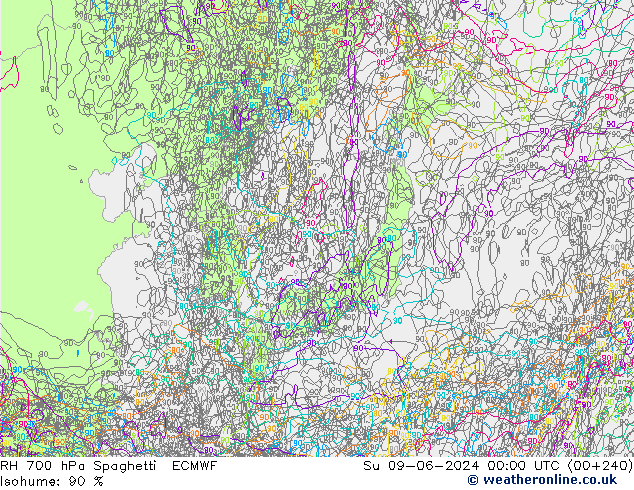 RH 700 hPa Spaghetti ECMWF Su 09.06.2024 00 UTC