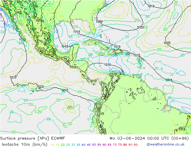 Isotachs (kph) ECMWF Mo 03.06.2024 00 UTC