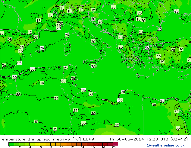 Temperatura 2m Spread ECMWF jue 30.05.2024 12 UTC