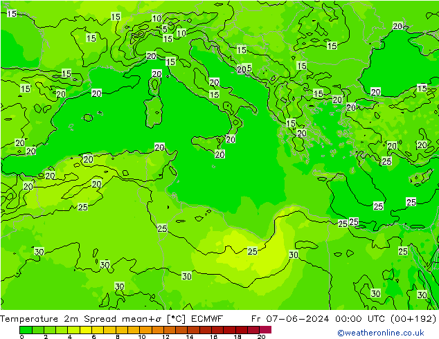 Temperature 2m Spread ECMWF Pá 07.06.2024 00 UTC