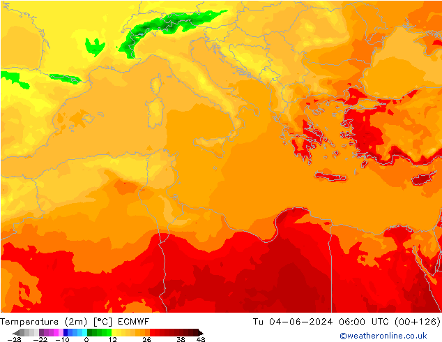Temperatuurkaart (2m) ECMWF di 04.06.2024 06 UTC