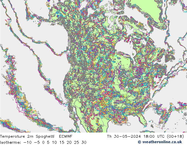 Temperatura 2m Spaghetti ECMWF Qui 30.05.2024 18 UTC