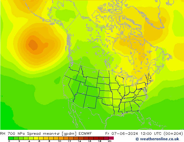 RH 700 гПа Spread ECMWF пт 07.06.2024 12 UTC