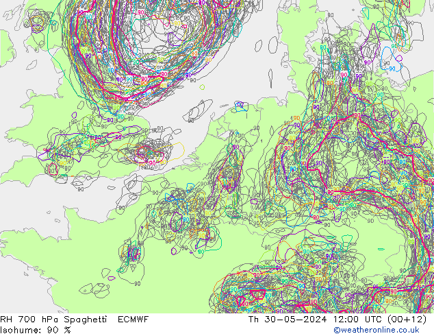 RH 700 гПа Spaghetti ECMWF чт 30.05.2024 12 UTC