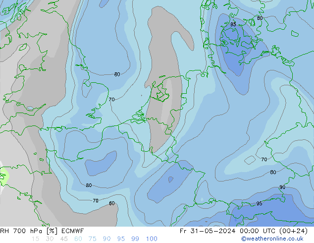 Humedad rel. 700hPa ECMWF vie 31.05.2024 00 UTC