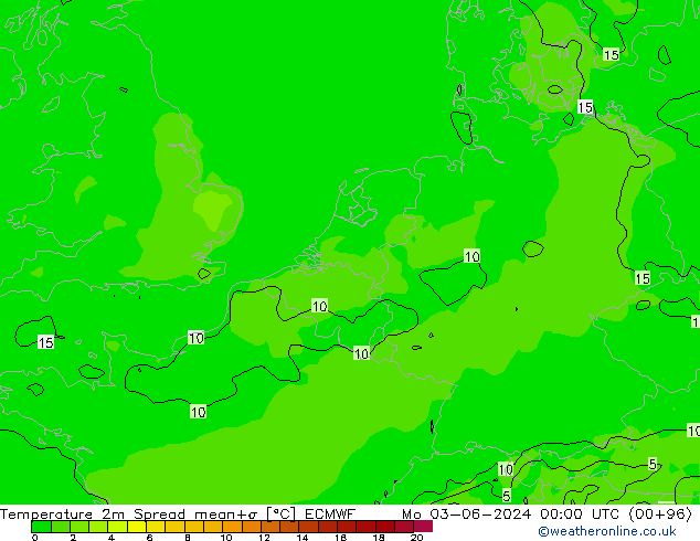 Sıcaklık Haritası 2m Spread ECMWF Pzt 03.06.2024 00 UTC