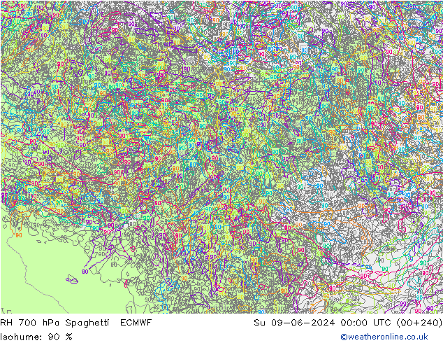 RH 700 гПа Spaghetti ECMWF Вс 09.06.2024 00 UTC