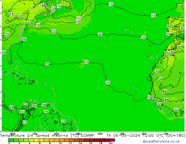 Temperatura 2m Spread ECMWF gio 06.06.2024 12 UTC