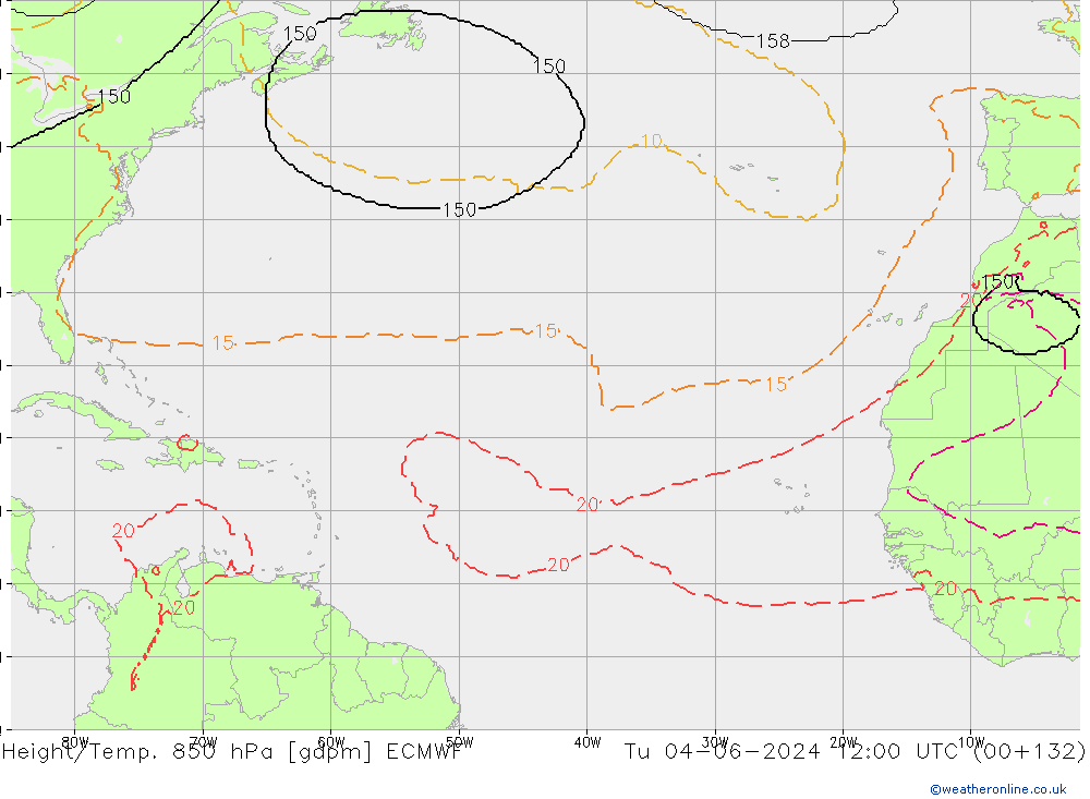 Height/Temp. 850 гПа ECMWF вт 04.06.2024 12 UTC