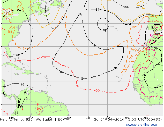 Hoogte/Temp. 925 hPa ECMWF za 01.06.2024 12 UTC