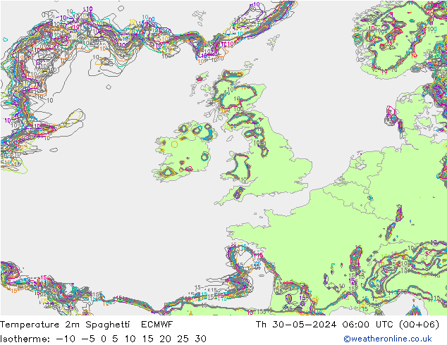 Temperatura 2m Spaghetti ECMWF Qui 30.05.2024 06 UTC