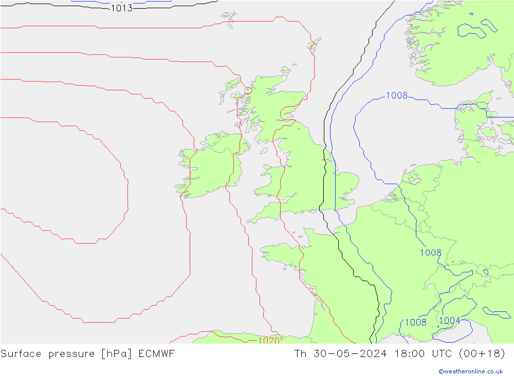 Atmosférický tlak ECMWF Čt 30.05.2024 18 UTC