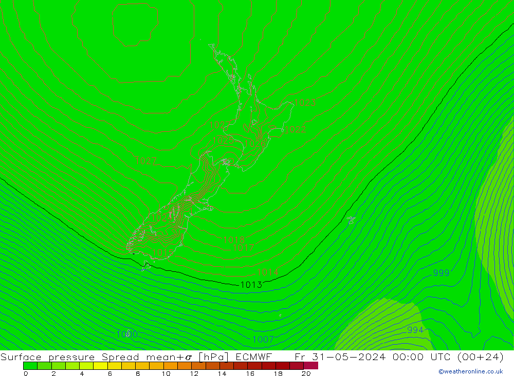 Luchtdruk op zeeniveau Spread ECMWF vr 31.05.2024 00 UTC