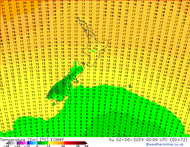 Temperature (2m) ECMWF Su 02.06.2024 00 UTC