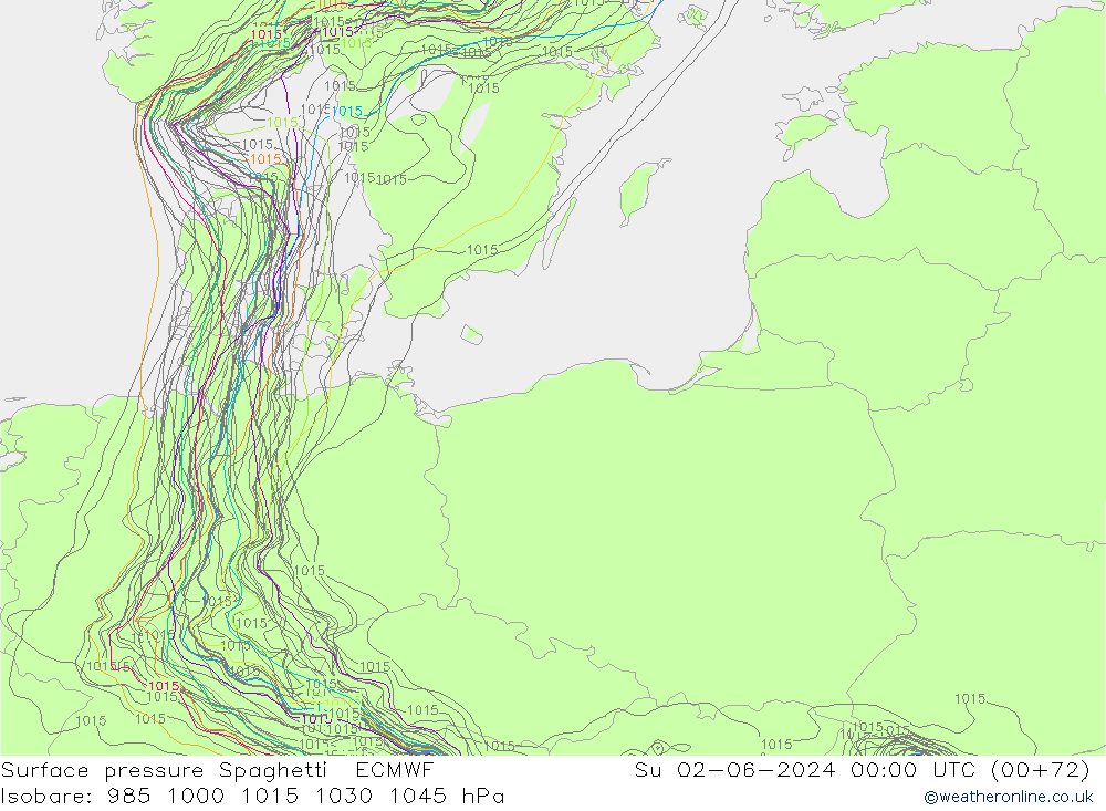 Pressione al suolo Spaghetti ECMWF dom 02.06.2024 00 UTC