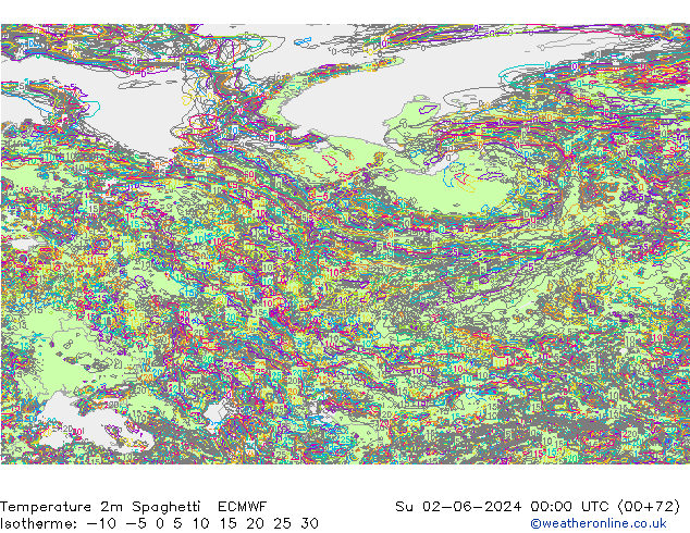 Temperature 2m Spaghetti ECMWF Su 02.06.2024 00 UTC