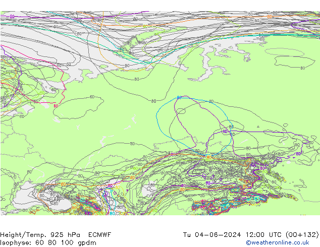 Height/Temp. 925 hPa ECMWF Tu 04.06.2024 12 UTC