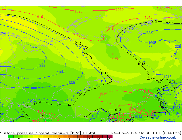 Surface pressure Spread ECMWF Tu 04.06.2024 06 UTC