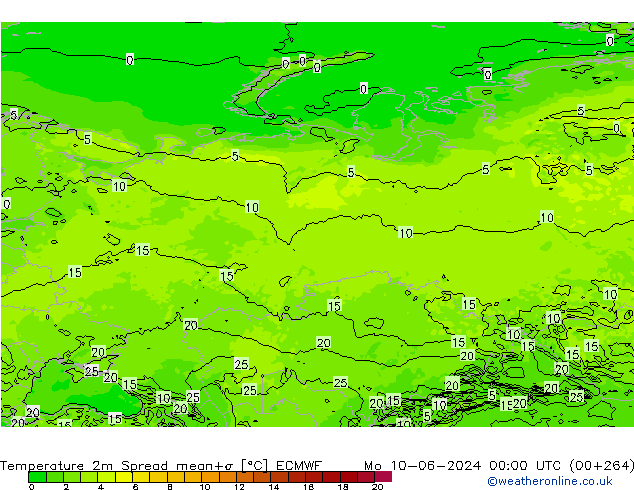 température 2m Spread ECMWF lun 10.06.2024 00 UTC