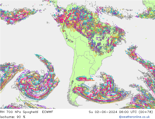 RH 700 hPa Spaghetti ECMWF  02.06.2024 06 UTC