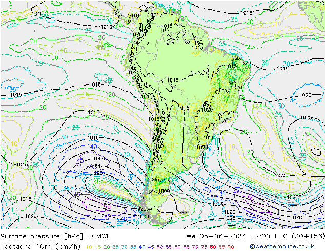 Isotachs (kph) ECMWF St 05.06.2024 12 UTC