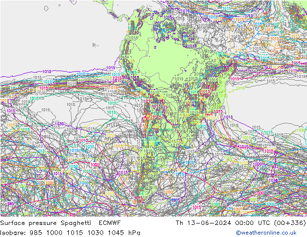 Surface pressure Spaghetti ECMWF Th 13.06.2024 00 UTC