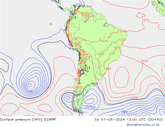 Presión superficial ECMWF sáb 01.06.2024 12 UTC