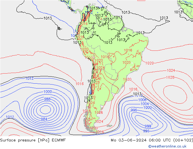 pressão do solo ECMWF Seg 03.06.2024 06 UTC