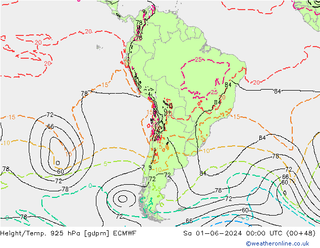 Yükseklik/Sıc. 925 hPa ECMWF Cts 01.06.2024 00 UTC