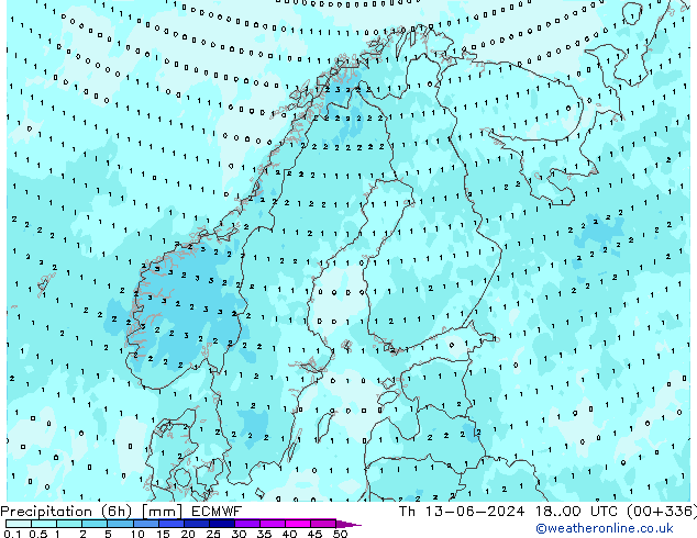 Precipitation (6h) ECMWF Čt 13.06.2024 00 UTC