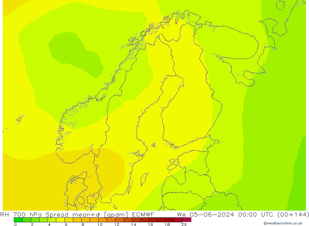 700 hPa Nispi Nem Spread ECMWF Çar 05.06.2024 00 UTC