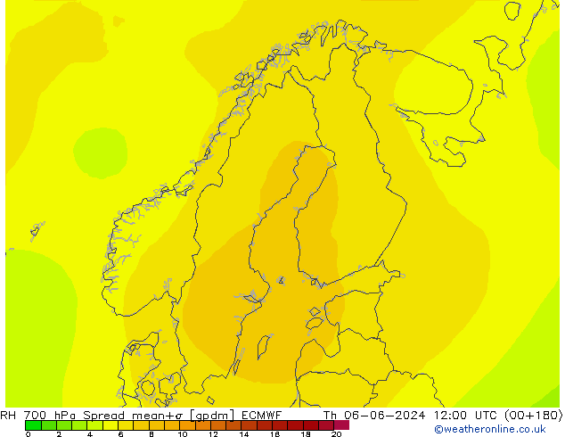 RH 700 hPa Spread ECMWF Čt 06.06.2024 12 UTC