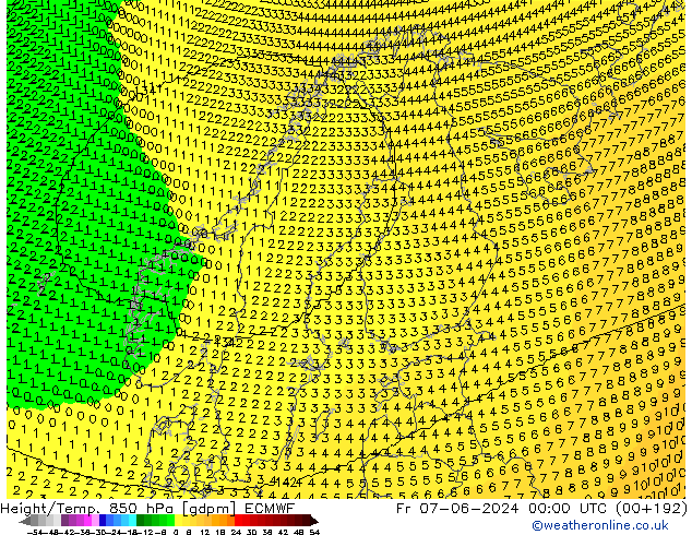 Height/Temp. 850 hPa ECMWF Pá 07.06.2024 00 UTC