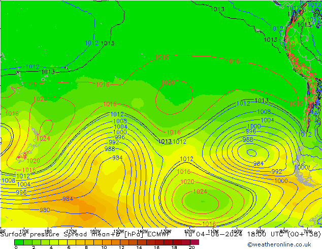 Surface pressure Spread ECMWF Tu 04.06.2024 18 UTC