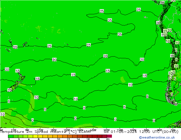 карта температуры Spread ECMWF сб 01.06.2024 12 UTC