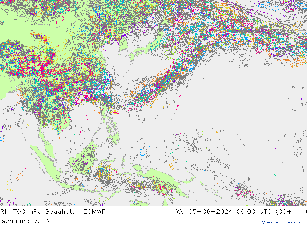 RH 700 гПа Spaghetti ECMWF ср 05.06.2024 00 UTC