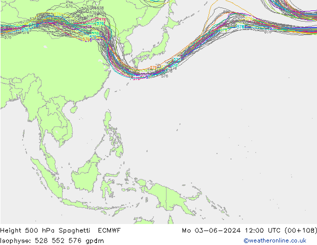 Height 500 hPa Spaghetti ECMWF Mo 03.06.2024 12 UTC