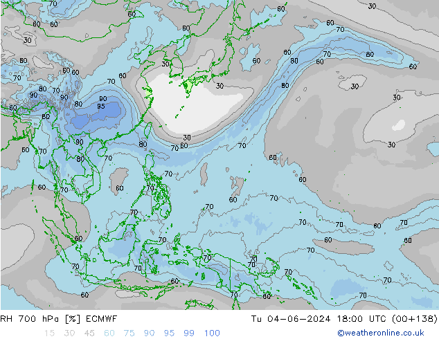 RH 700 hPa ECMWF Tu 04.06.2024 18 UTC