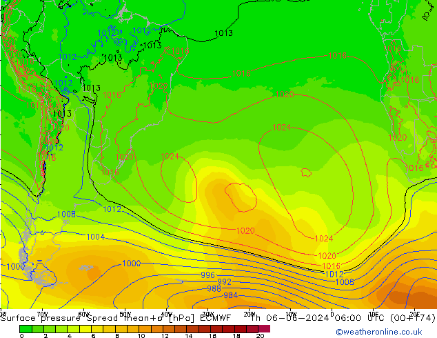 Surface pressure Spread ECMWF Th 06.06.2024 06 UTC