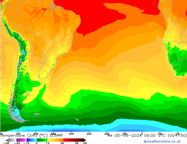 mapa temperatury (2m) ECMWF śro. 05.06.2024 06 UTC