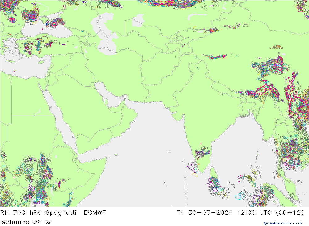 RH 700 hPa Spaghetti ECMWF 星期四 30.05.2024 12 UTC