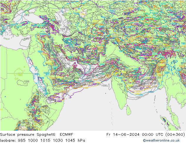 地面气压 Spaghetti ECMWF 星期五 14.06.2024 00 UTC