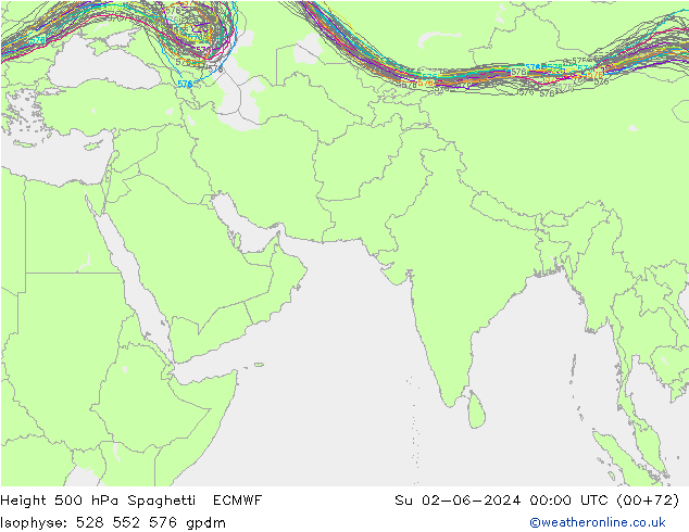 Hoogte 500 hPa Spaghetti ECMWF zo 02.06.2024 00 UTC