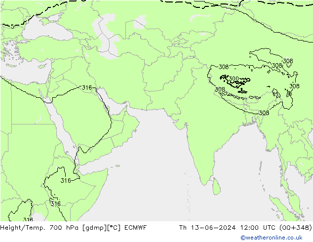 Height/Temp. 700 hPa ECMWF Th 13.06.2024 12 UTC