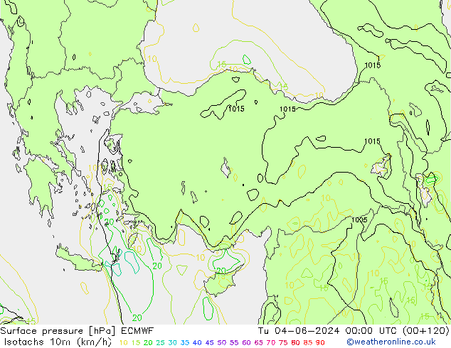 Isotachen (km/h) ECMWF di 04.06.2024 00 UTC