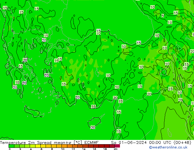température 2m Spread ECMWF sam 01.06.2024 00 UTC