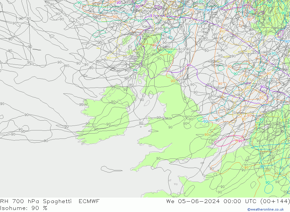 RH 700 hPa Spaghetti ECMWF Qua 05.06.2024 00 UTC