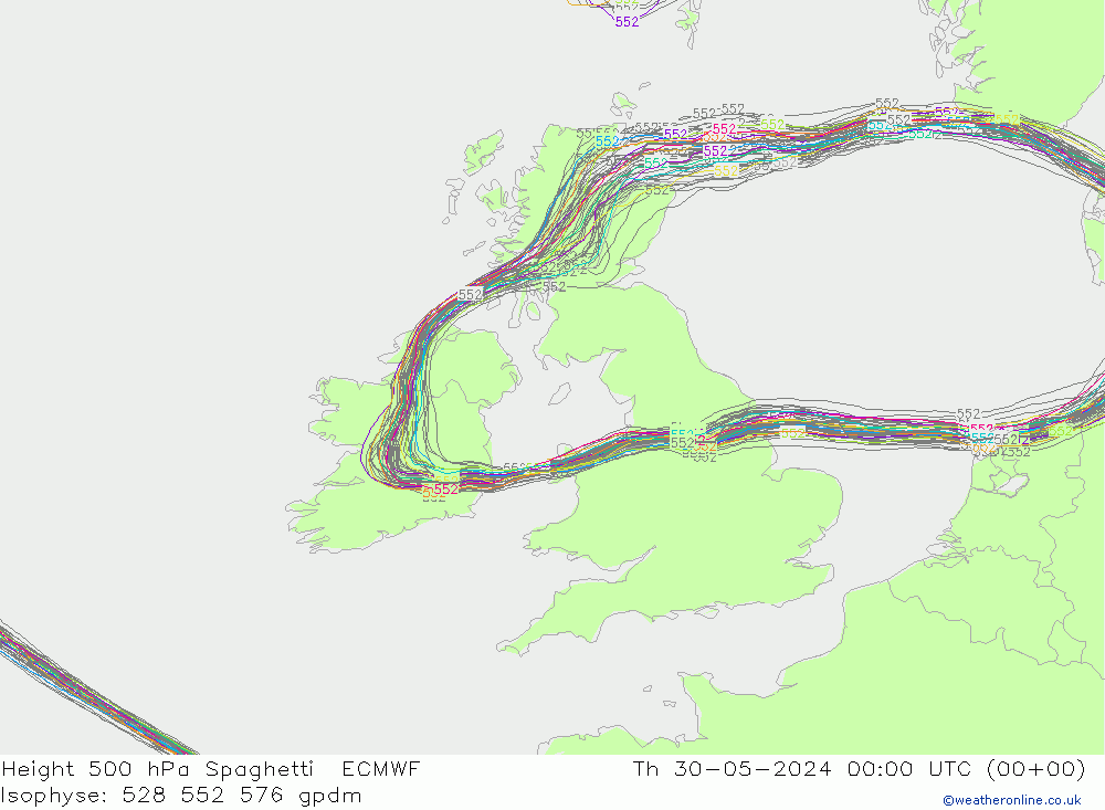 Height 500 hPa Spaghetti ECMWF Th 30.05.2024 00 UTC